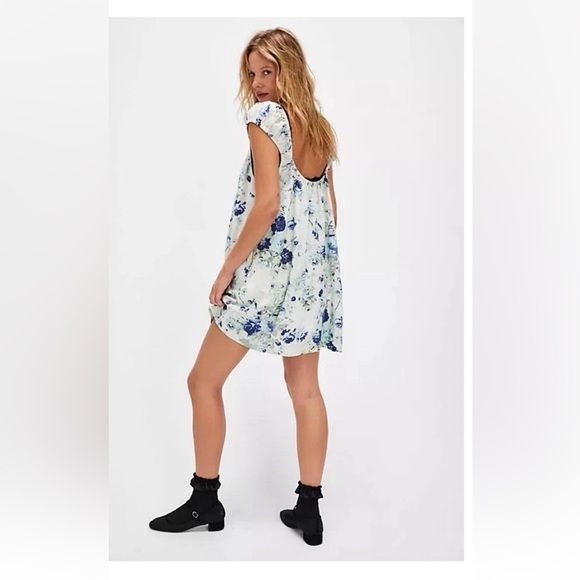 Free People Wildflower Printed Mini Dress Sml Porcelain Combo Linen Cottagecore - Picture 5 of 10